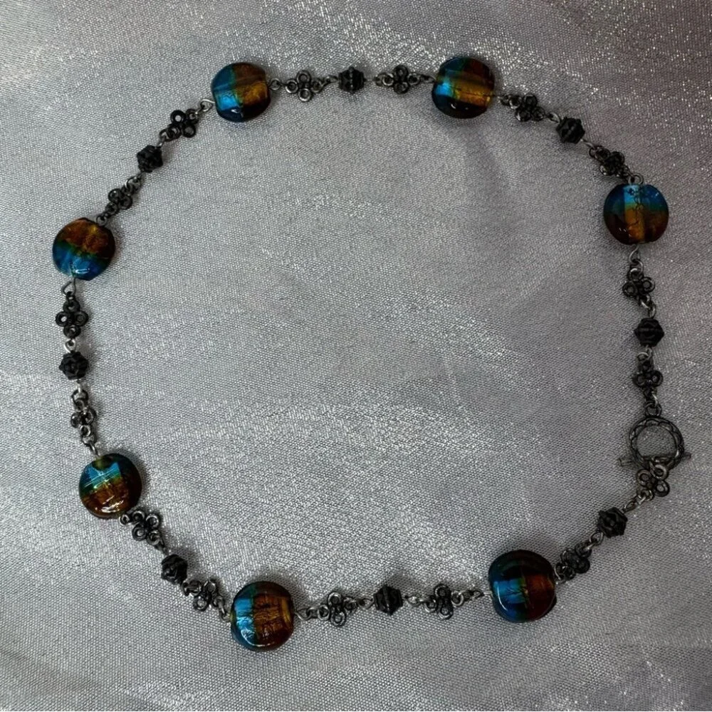 Necklace Dichroic glass beads brown blue toggle necklace silver black luxe